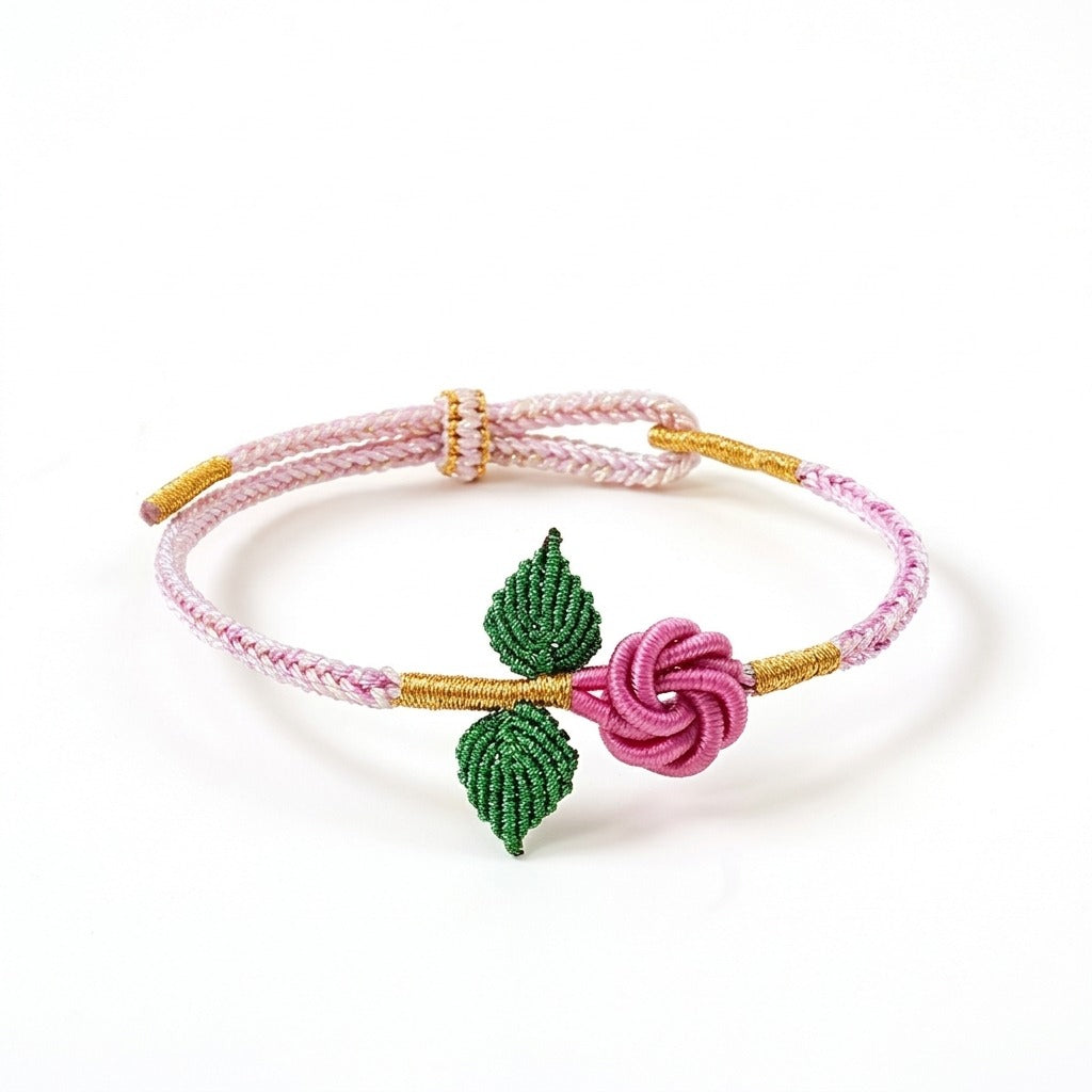 KAGAKI handmade rose cord bracelet with rose knot and leaf detail — Rosalie – 薔 — Velvet Rose — primary-per-variant (10/21)