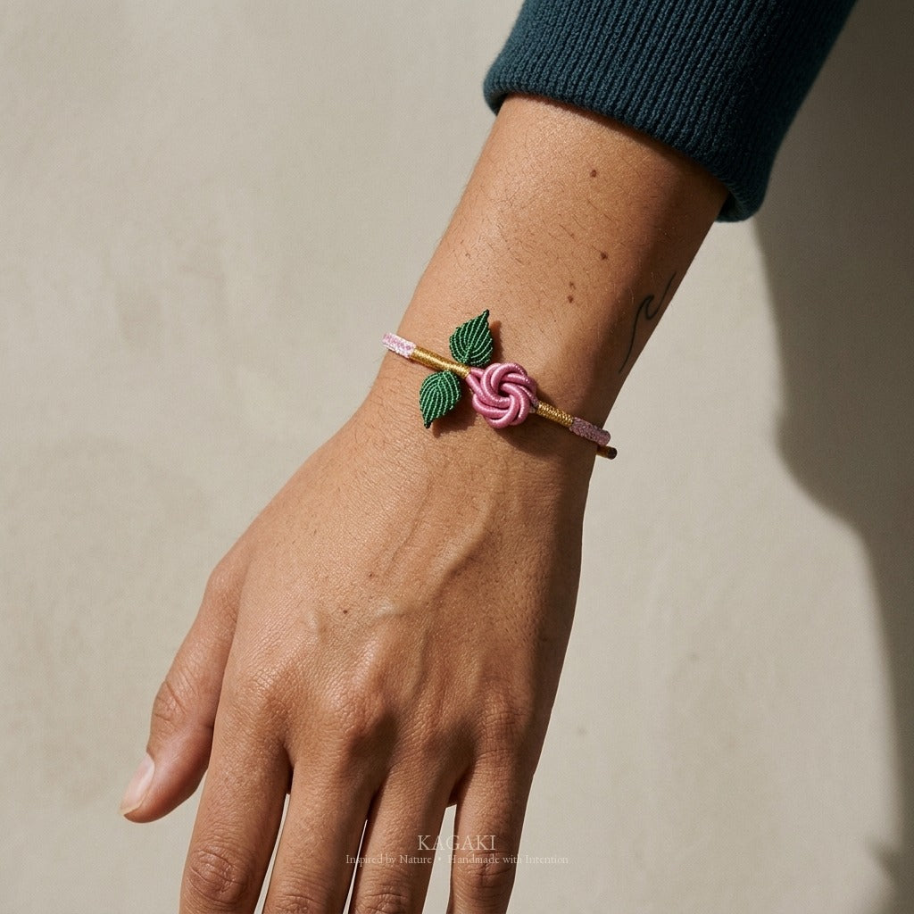 KAGAKI handmade rose cord bracelet with rose knot and leaf detail — Rosalie – 薔 — Velvet Rose — on-wrist-luxury-supplemental (12/21)