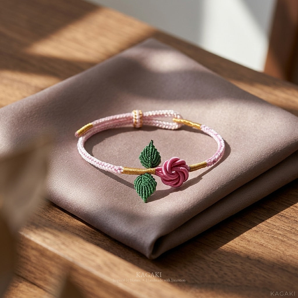 KAGAKI handmade rose cord bracelet with rose knot and leaf detail — Rosalie – 薔 — Velvet Rose — styled-scene-supplemental (11/21)