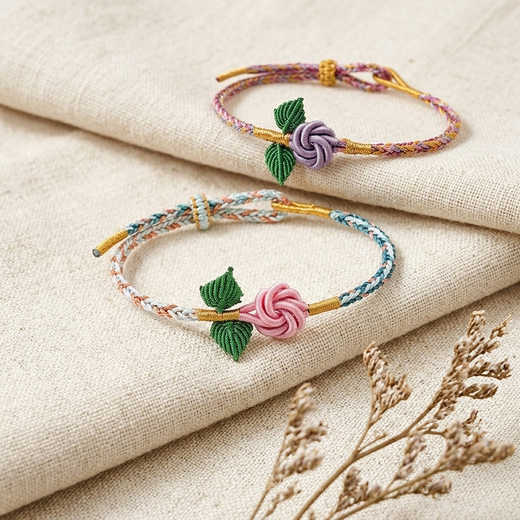 KAGAKI handmade rose cord bracelet with rose knot and leaf detail — Rosalie – 薔 — — — grouped-showcase (20/21)