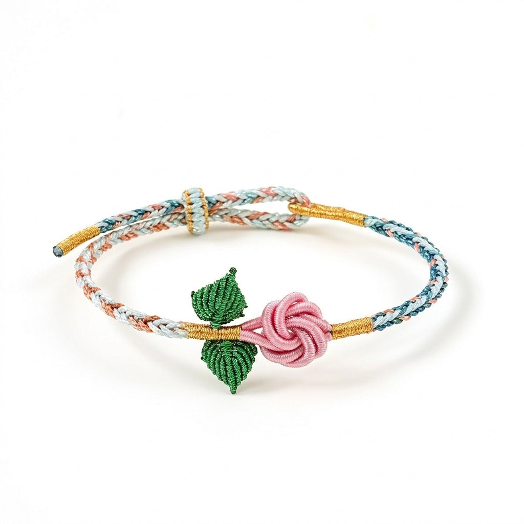 KAGAKI handmade rose cord bracelet with rose knot and leaf detail — Rosalie – 薔 — Whisper Rose — primary-per-variant (13/21)