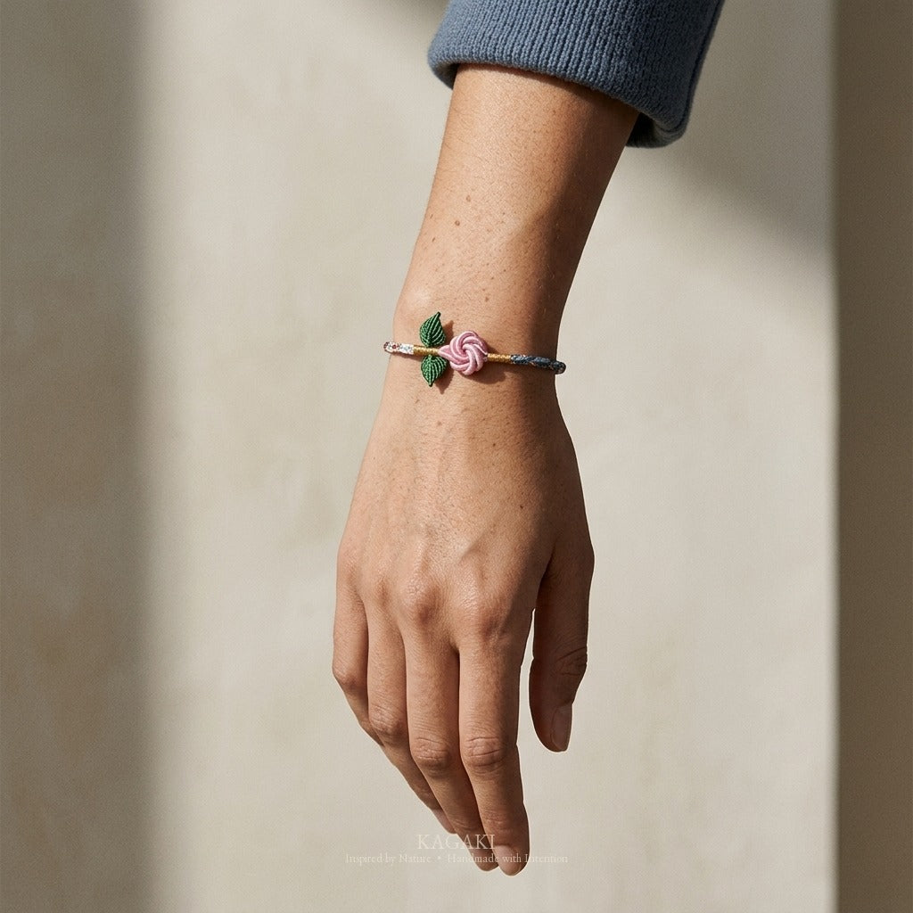 KAGAKI handmade rose cord bracelet with rose knot and leaf detail — Rosalie – 薔 — Whisper Rose — on-wrist-luxury-supplemental (15/21)