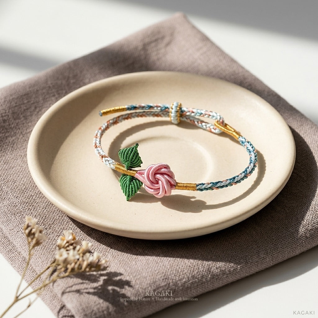 KAGAKI handmade rose cord bracelet with rose knot and leaf detail — Rosalie – 薔 — Whisper Rose — styled-scene-supplemental (14/21)