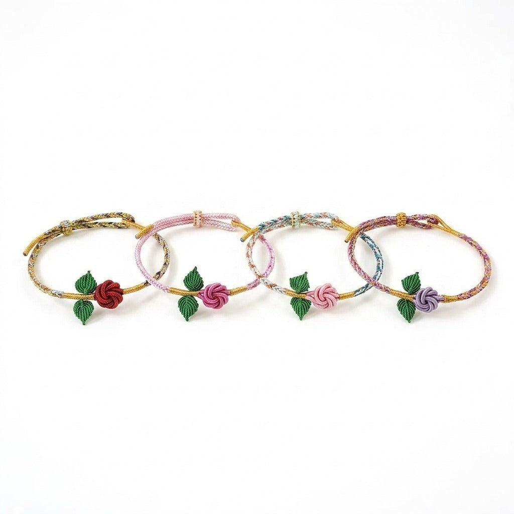 KAGAKI handmade rose cord bracelet with rose knot and leaf detail — Rosalie – 薔 — — — primary-listing-overview (21/21)