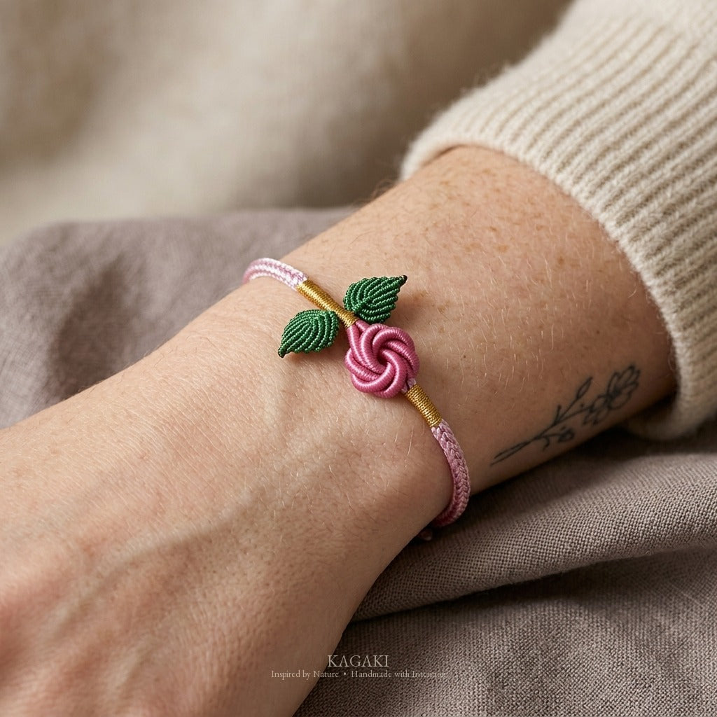 KAGAKI handmade rose cord bracelet with rose knot and leaf detail — Rosalie – 薔 — — — on-wrist-lifestyle (6/21)