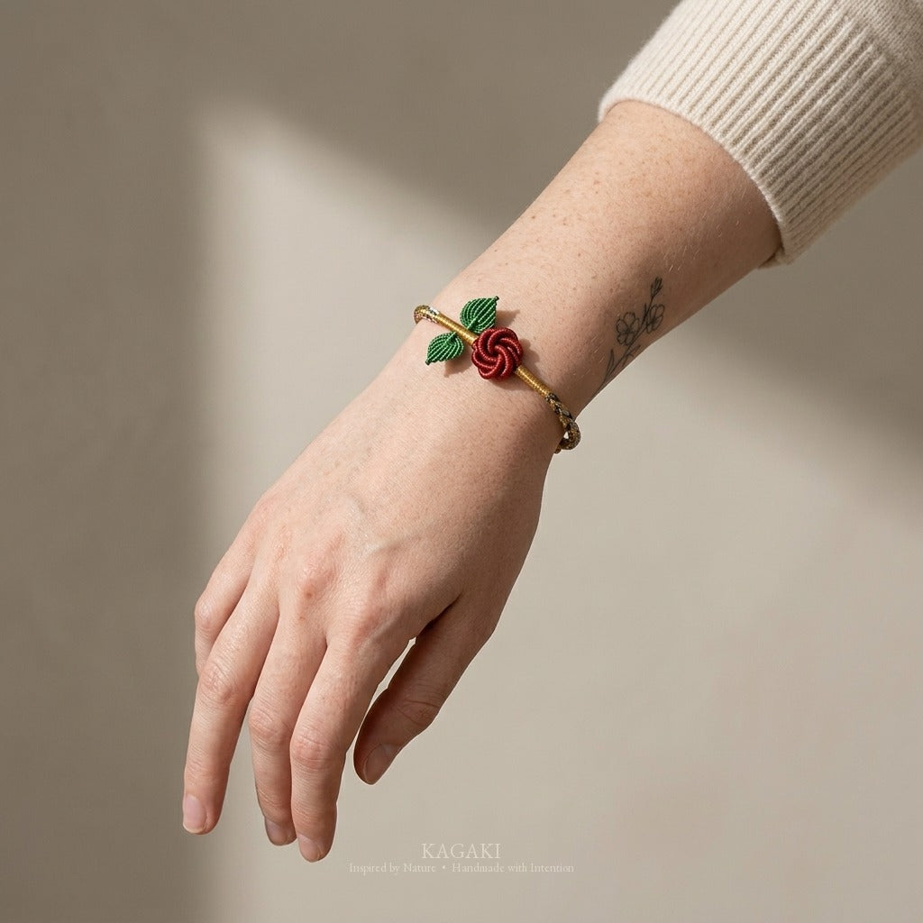 KAGAKI handmade rose cord bracelet with rose knot and leaf detail — Rosalie – 薔 — — — on-wrist-luxury (5/21)
