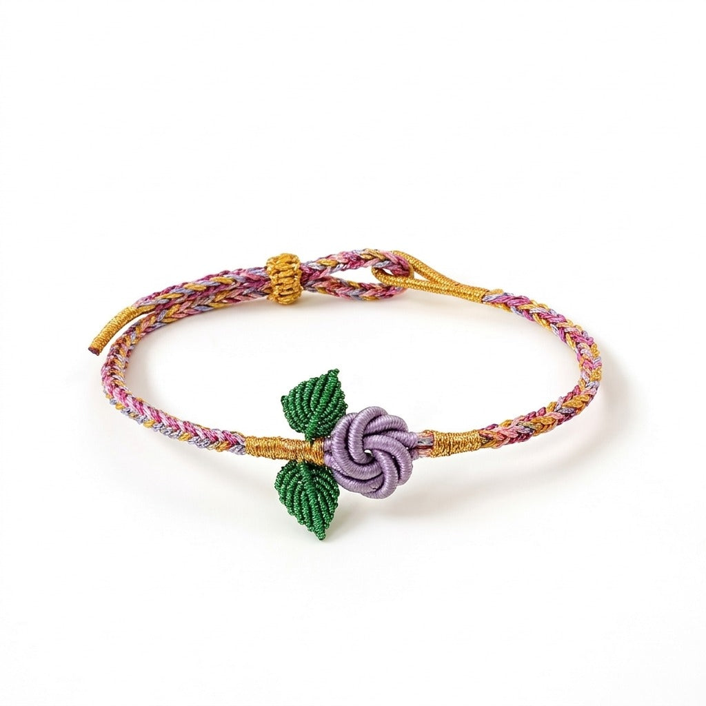 KAGAKI handmade rose cord bracelet with rose knot and leaf detail — Rosalie – 薔 — Quiet Rose — primary-per-variant (16/21)