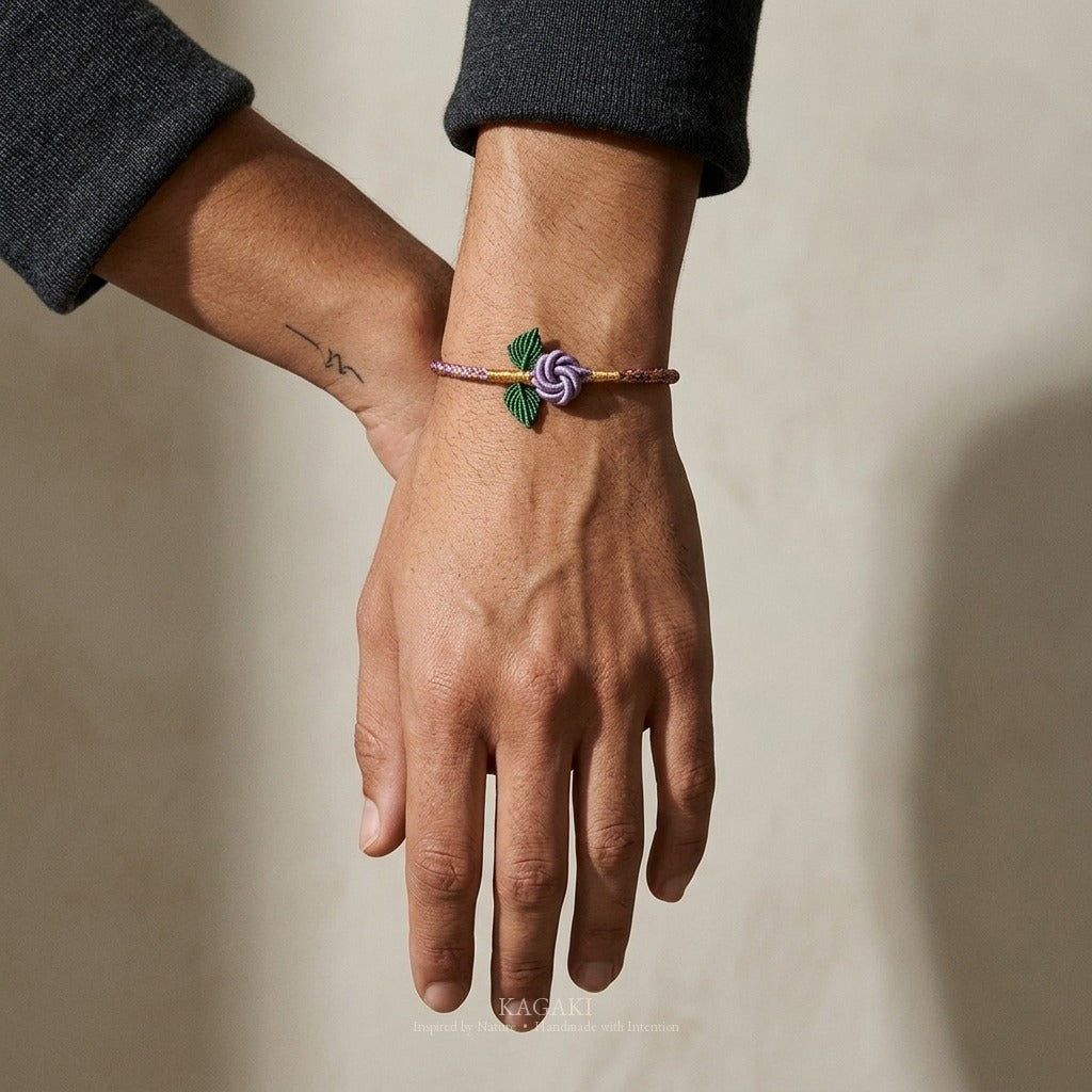 KAGAKI handmade rose cord bracelet with rose knot and leaf detail — Rosalie – 薔 — Quiet Rose — on-wrist-luxury-supplemental (18/21)