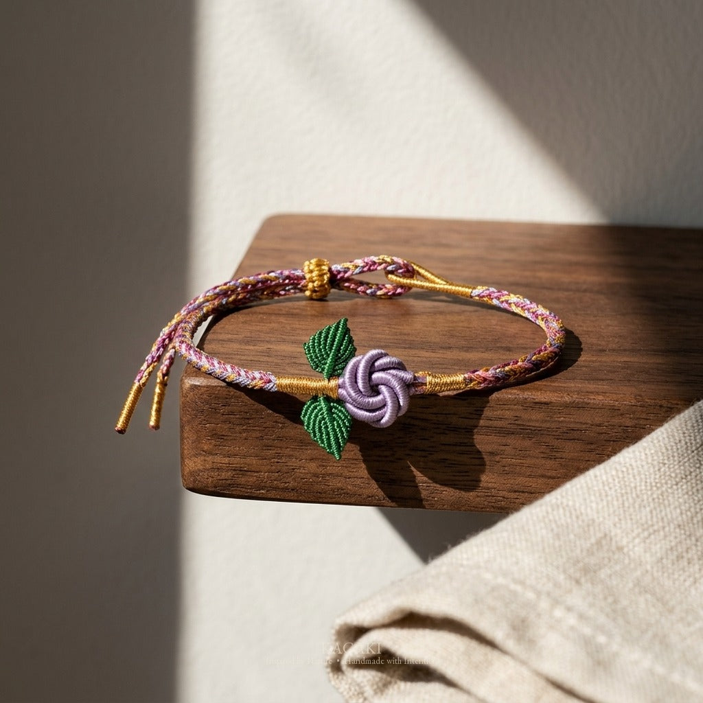 KAGAKI handmade rose cord bracelet with rose knot and leaf detail — Rosalie – 薔 — Quiet Rose — styled-scene-supplemental (17/21)