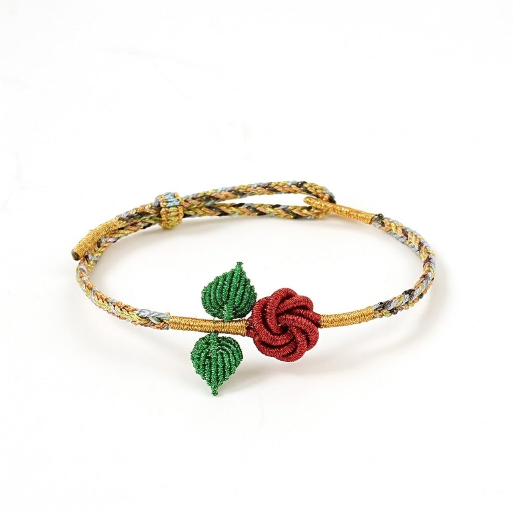 KAGAKI handmade rose cord bracelet with rose knot and leaf detail — Rosalie – 薔 — Ember Rose — primary-per-variant (7/21)