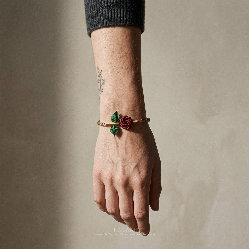 KAGAKI handmade rose cord bracelet with rose knot and leaf detail — Rosalie – 薔 — Ember Rose — on-wrist-luxury-supplemental (9/21)