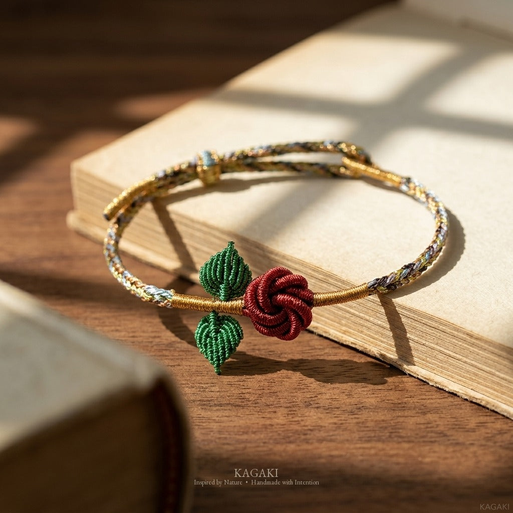 KAGAKI handmade rose cord bracelet with rose knot and leaf detail — Rosalie – 薔 — Ember Rose — styled-scene-supplemental (8/21)