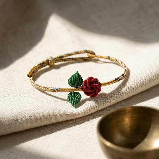 KAGAKI handmade rose cord bracelet with rose knot and leaf detail — Rosalie – 薔 — — — styled-scene (1/21)