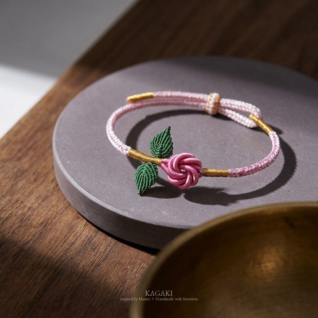 KAGAKI handmade rose cord bracelet with rose knot and leaf detail — Rosalie – 薔 — — — styled-scene (2/21)