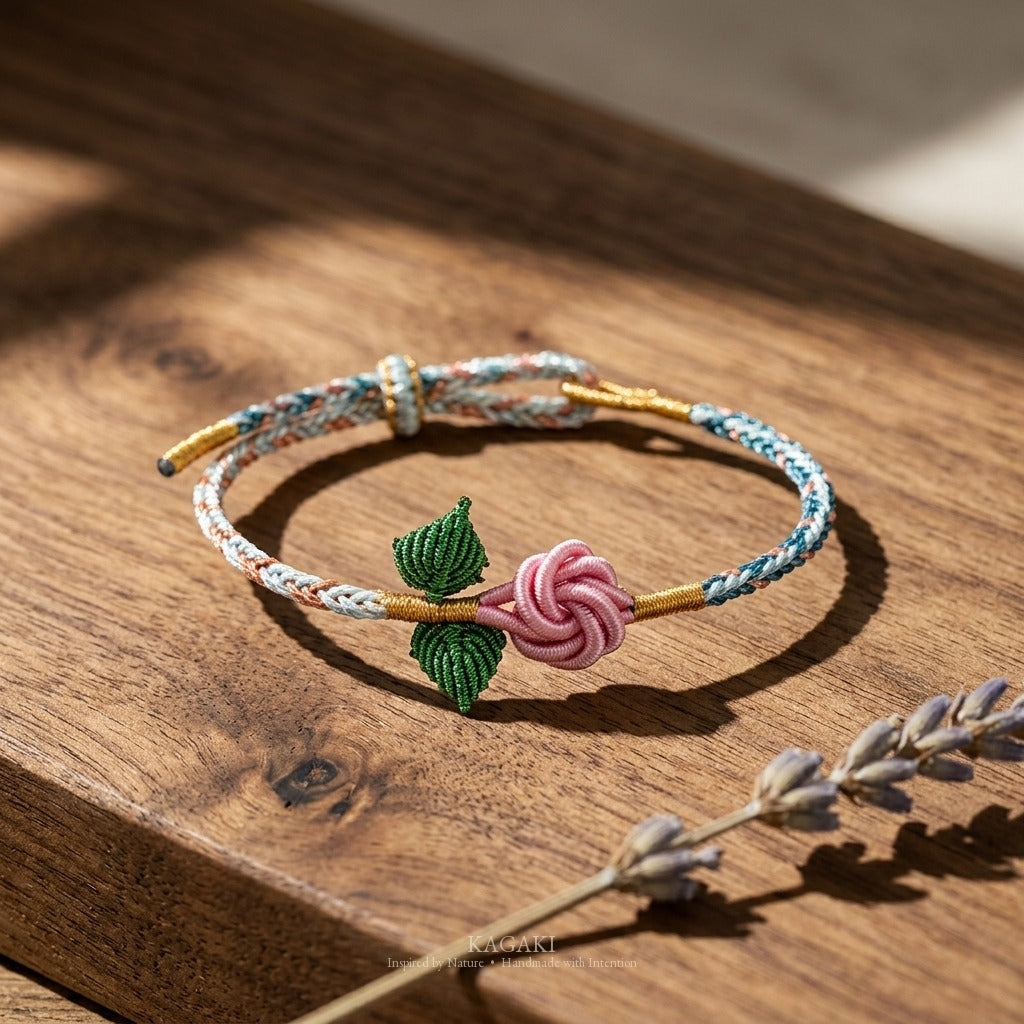 KAGAKI handmade rose cord bracelet with rose knot and leaf detail — Rosalie – 薔 — — — styled-scene (3/21)