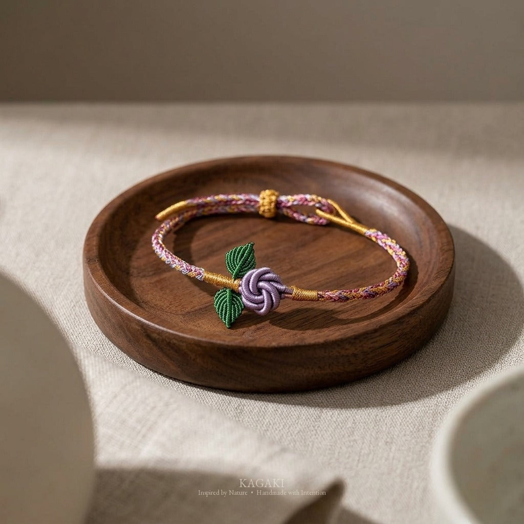 KAGAKI handmade rose cord bracelet with rose knot and leaf detail — Rosalie – 薔 — — — styled-scene (4/21)