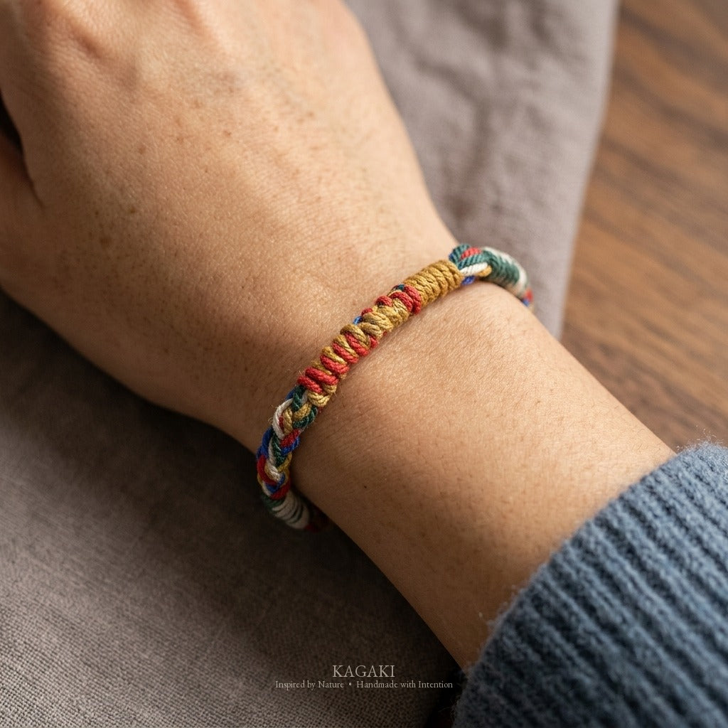 KAGAKI Frayed rustic tibetan cotton cord, wrist view, handmade cord bracelet gift