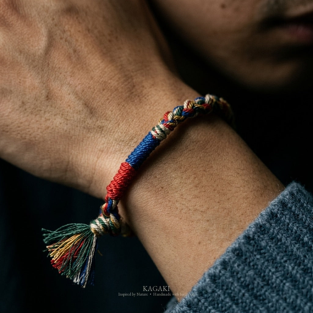 KAGAKI Frayed rustic tibetan cotton cord, wrist view, handmade cord bracelet gift