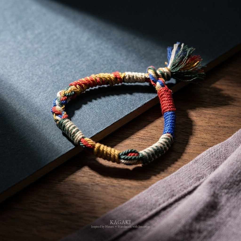 KAGAKI Frayed rustic tibetan cotton cord, studio view, handmade cord bracelet gift