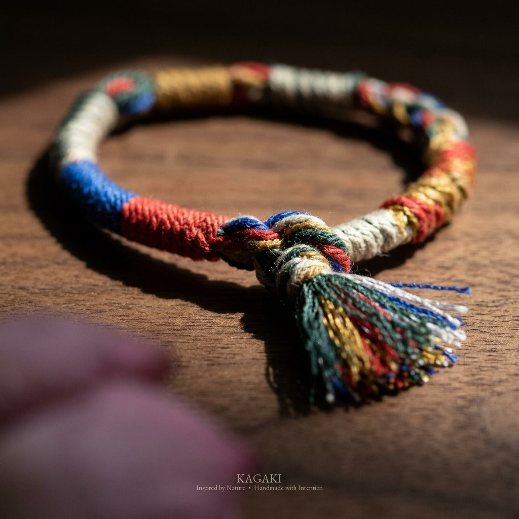 KAGAKI Frayed rustic tibetan cotton cord, studio view, handmade cord bracelet gift