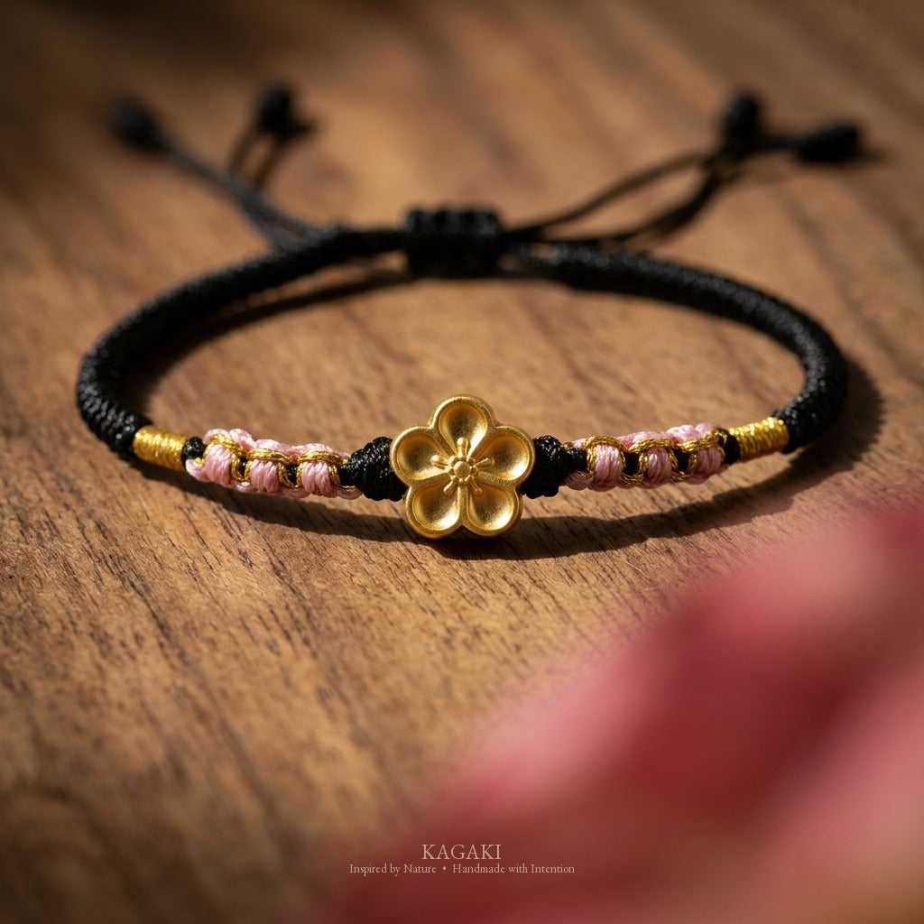 KAGAKI handmade cord bracelet sakura plum blossom cord bracelet (ink & petal) — black / green / red with gold accent, editorial styled scene.