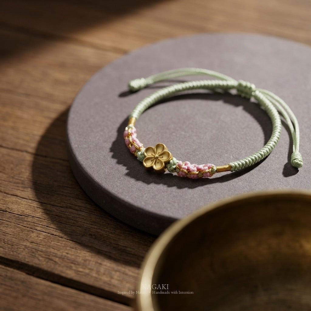 KAGAKI handmade cord bracelet sakura plum blossom cord bracelet (moss & petal) — black / green / red with gold accent, editorial styled scene.