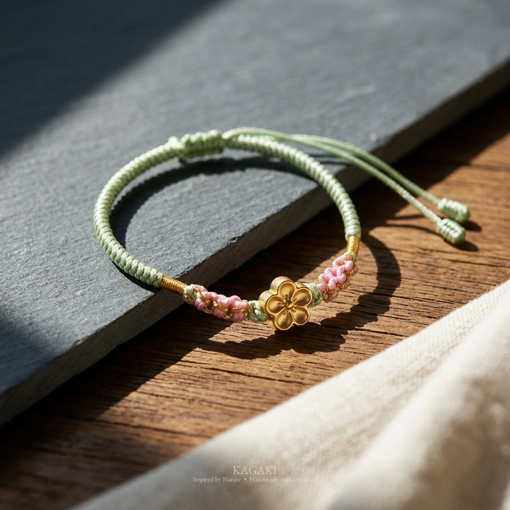 KAGAKI handmade cord bracelet sakura plum blossom cord bracelet (moss & petal) — black / green / red with gold accent, editorial styled scene.