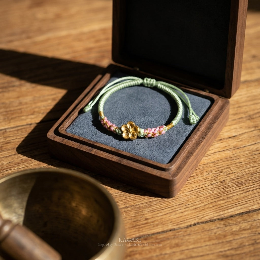 KAGAKI handmade cord bracelet sakura plum blossom cord bracelet (moss & petal) — black / green / red with gold accent, editorial styled scene.