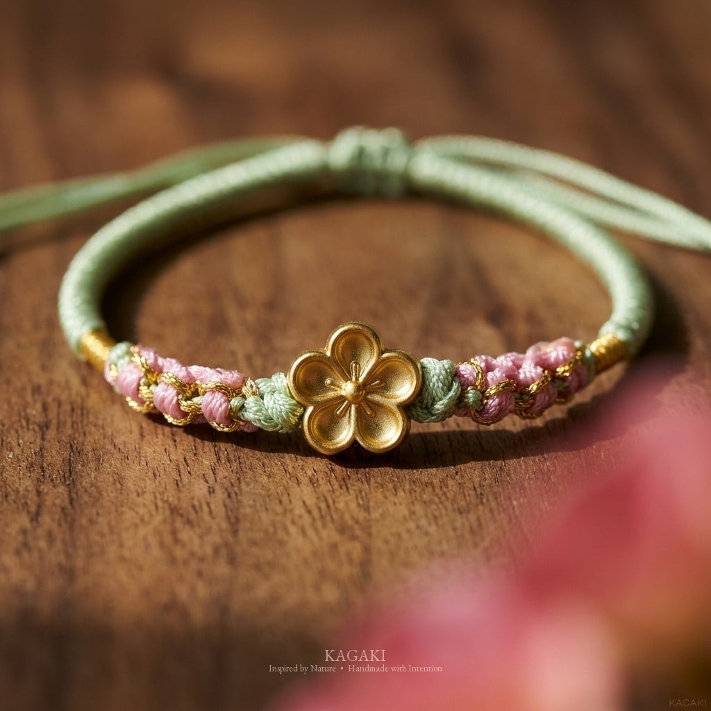 KAGAKI handmade cord bracelet sakura plum blossom cord bracelet (moss & petal) — black / green / red with gold accent, editorial styled scene.