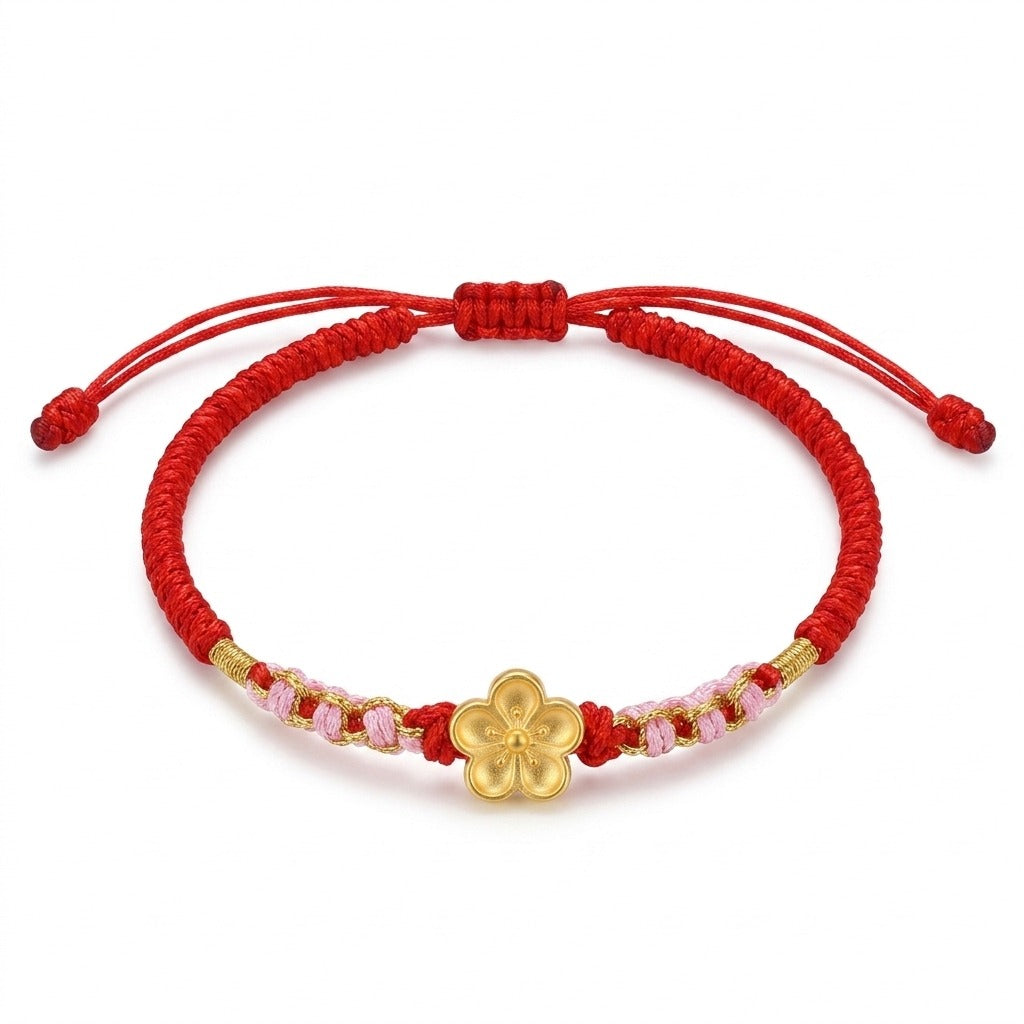 KAGAKI handmade cord bracelet sakura plum blossom cord bracelet (vermilion & petal) — black / green / red with gold accent, main catalog image on white.