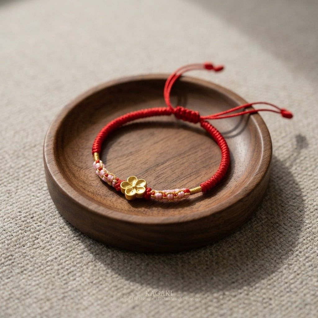 KAGAKI handmade cord bracelet sakura plum blossom cord bracelet (vermilion & petal) — black / green / red with gold accent, editorial styled scene.
