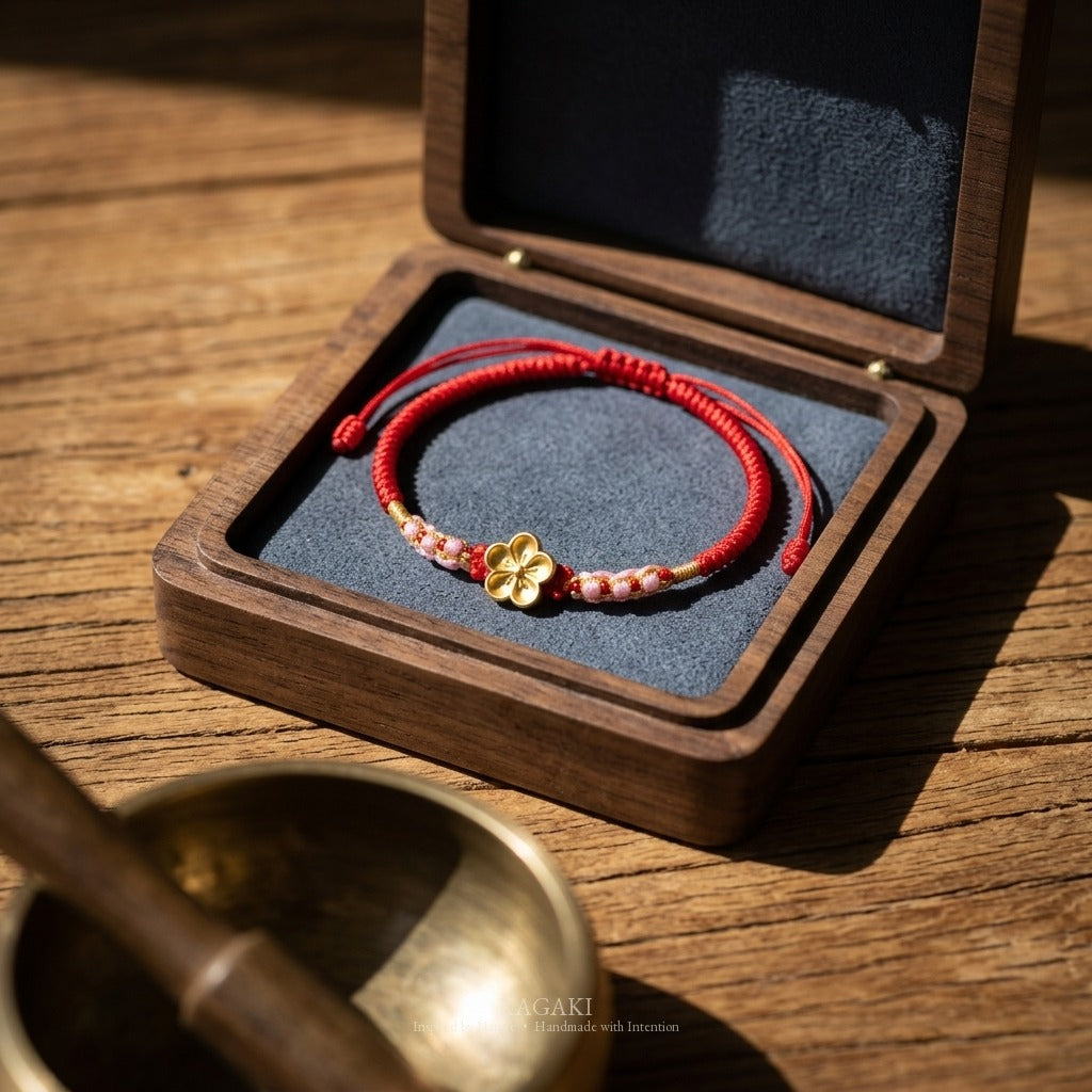 KAGAKI handmade cord bracelet sakura plum blossom cord bracelet (vermilion & petal) — black / green / red with gold accent, editorial styled scene.
