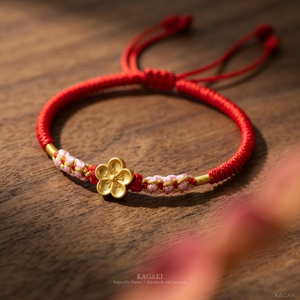 KAGAKI handmade cord bracelet sakura plum blossom cord bracelet (vermilion & petal) — black / green / red with gold accent, editorial styled scene.