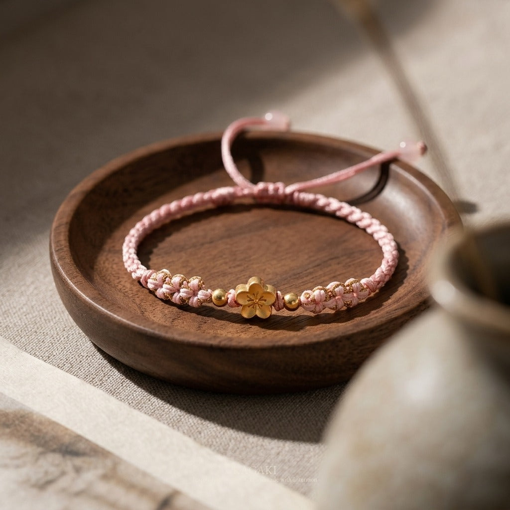 KAGAKI handmade cord bracelet sakura pastel cord bracelet (dawn & petal) — mist blue or dawn pink with gold accent, editorial styled scene.