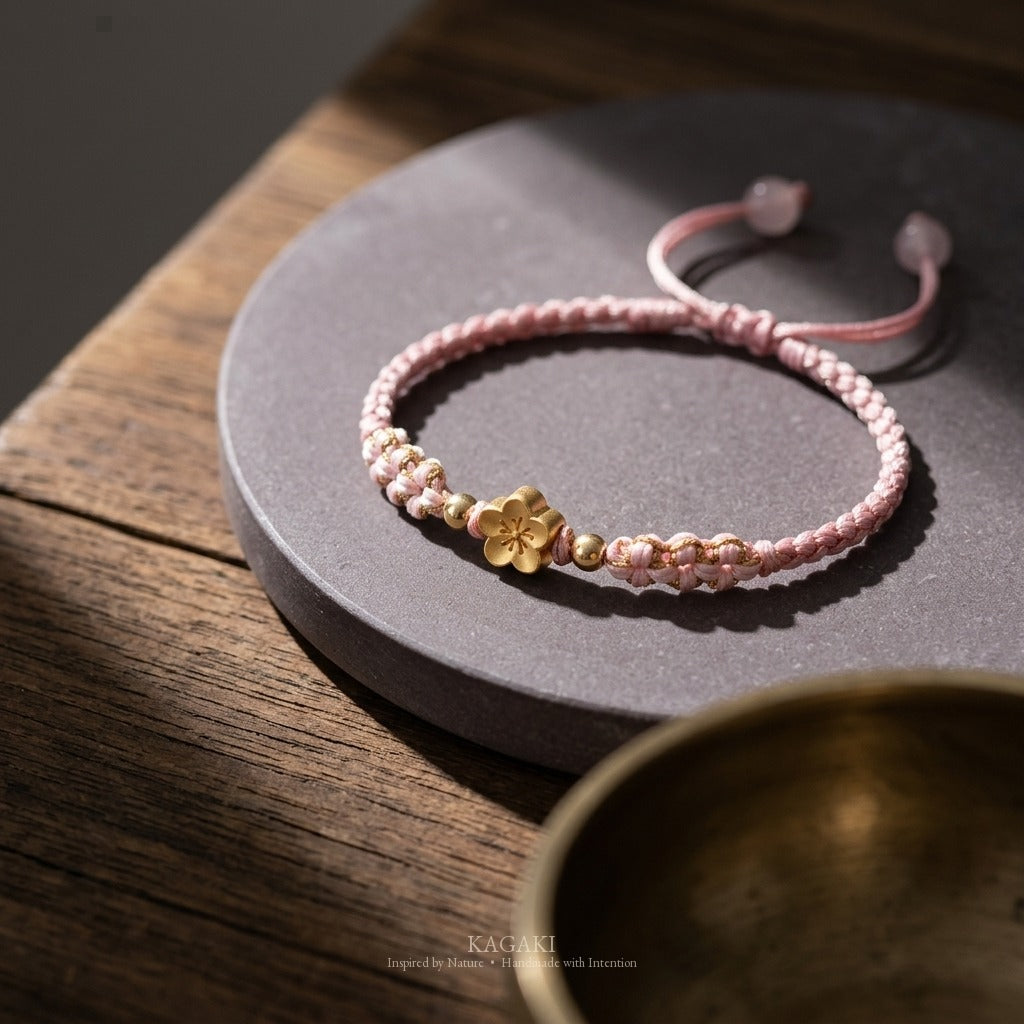 KAGAKI handmade cord bracelet sakura pastel cord bracelet (dawn & petal) — mist blue or dawn pink with gold accent, editorial styled scene.