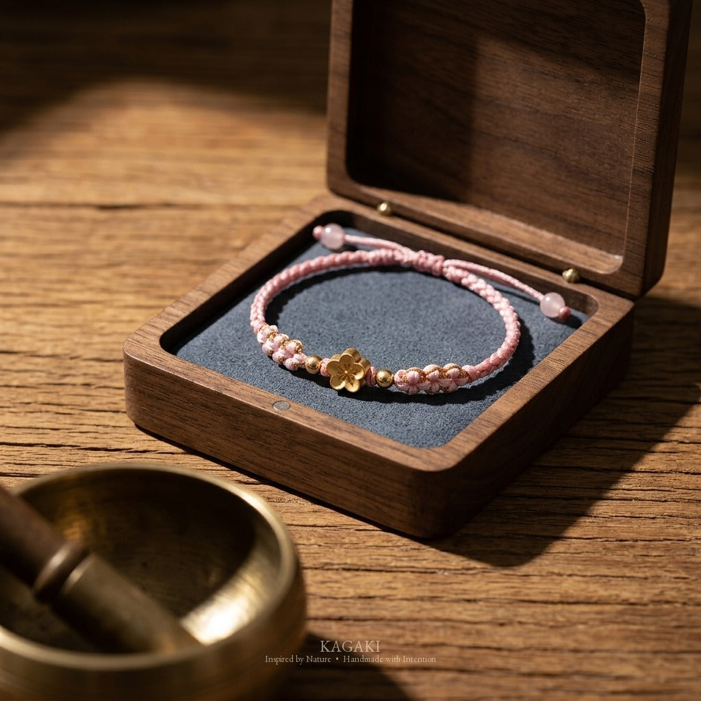 KAGAKI handmade cord bracelet sakura pastel cord bracelet (dawn & petal) — mist blue or dawn pink with gold accent, editorial styled scene.