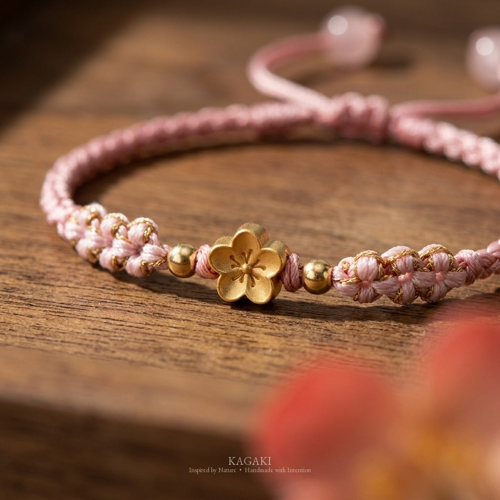 KAGAKI handmade cord bracelet sakura pastel cord bracelet (dawn & petal) — mist blue or dawn pink with gold accent, editorial styled scene.