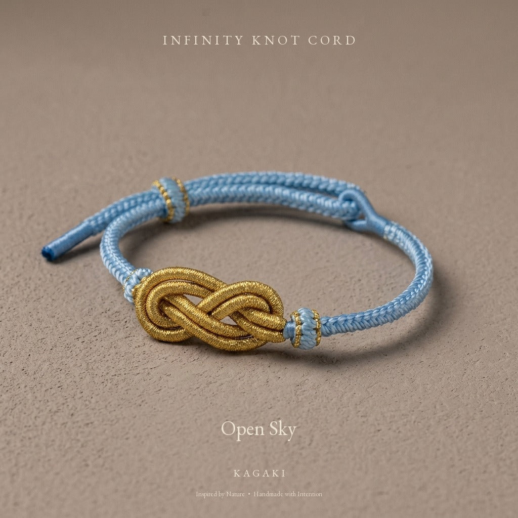 KAGAKI Azure sky blue infinity knot cord, product view, infinity knot spiritual marker