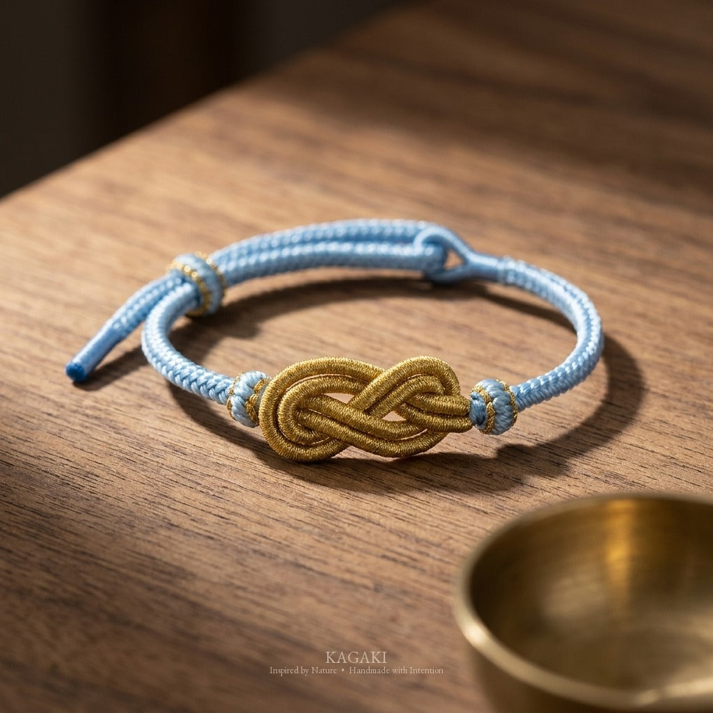 KAGAKI Azure sky blue infinity knot cord, studio view, infinity knot spiritual marker