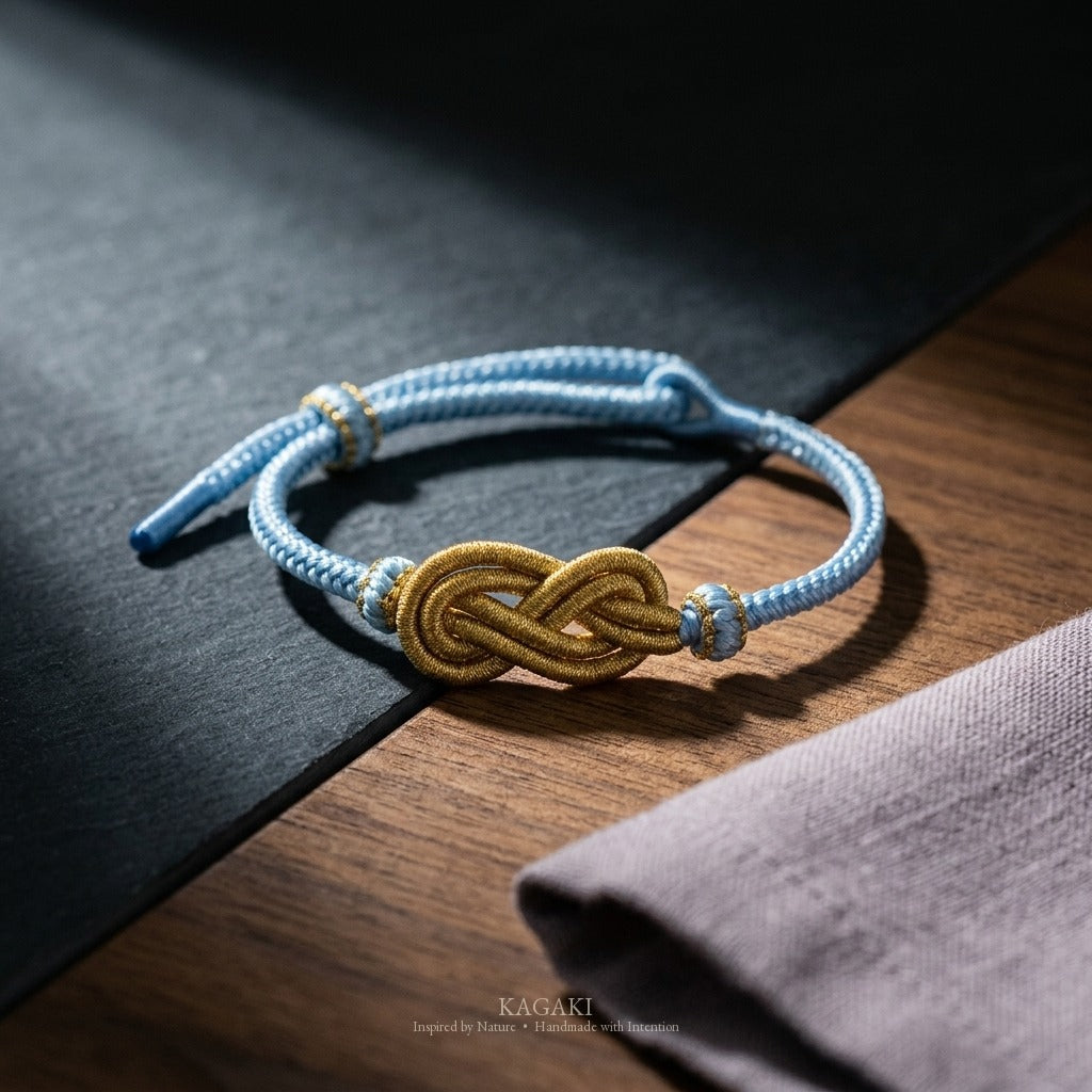 KAGAKI Azure sky blue infinity knot cord, studio view, infinity knot spiritual marker
