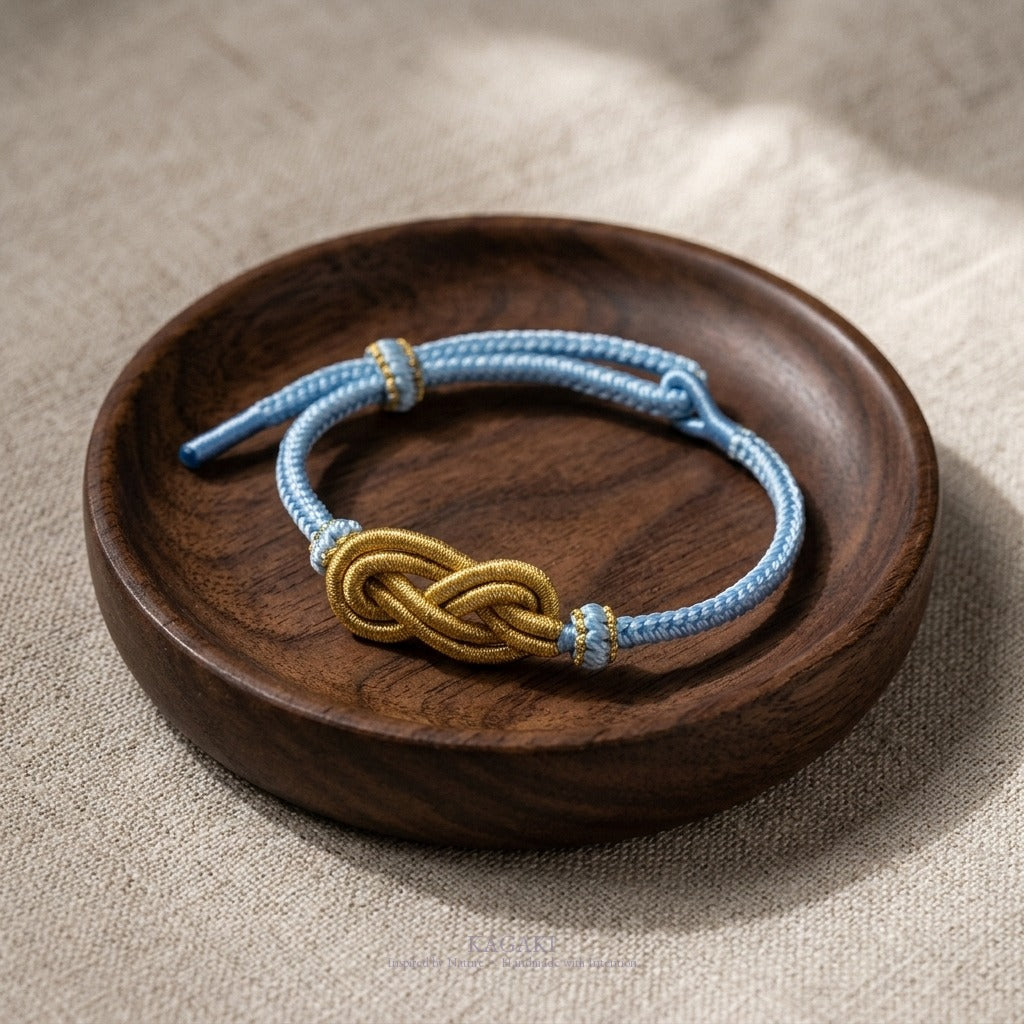 KAGAKI Azure sky blue infinity knot cord, studio view, infinity knot spiritual marker