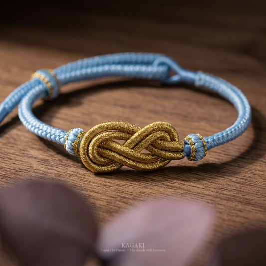 KAGAKI Azure sky blue infinity knot cord, studio view, infinity knot spiritual marker