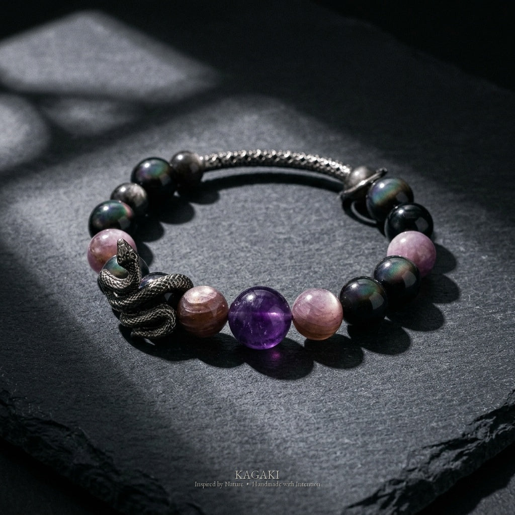 KAGAKI Serpent snake amethyst obsidian bracelet, studio styled view, handmade snake bracelet