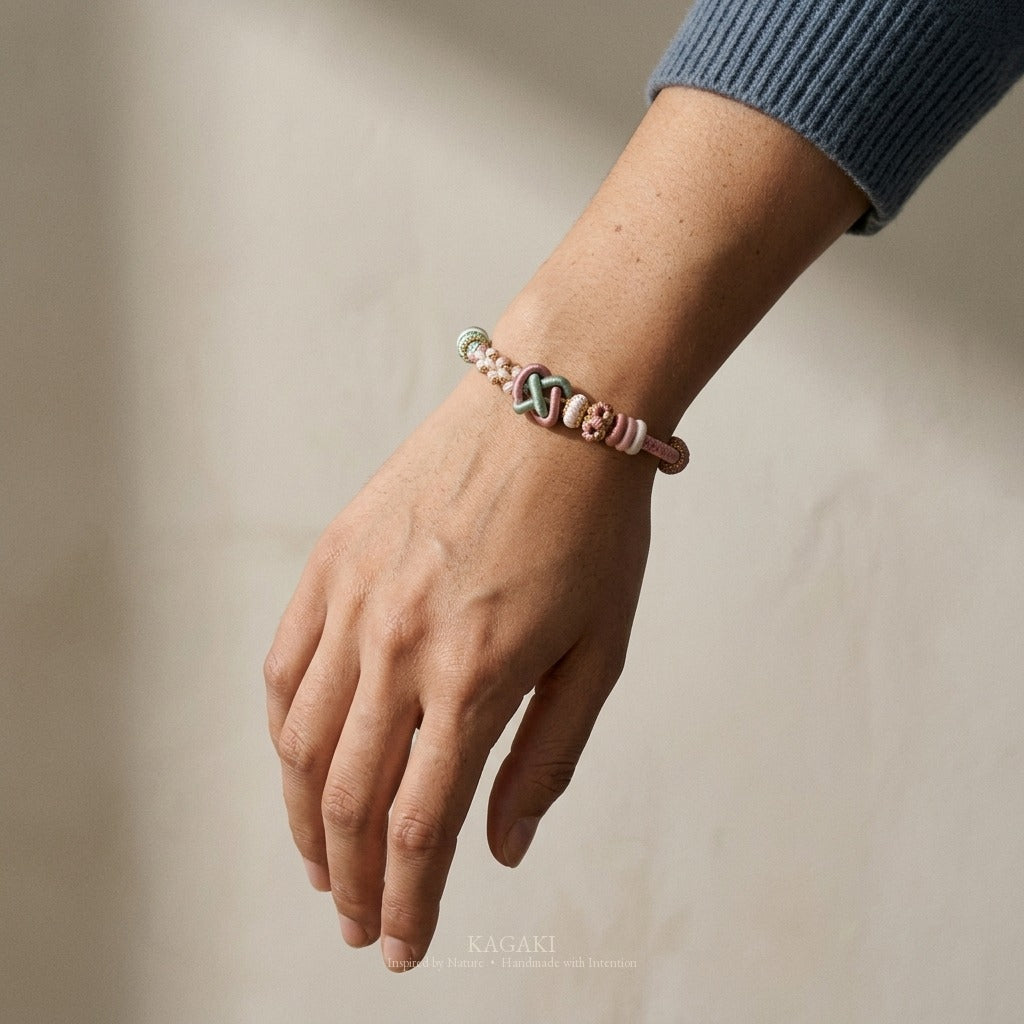 KAGAKI handmade Tibetan-inspired calming protection cord bracelet — Breath – 息 — Spring Breath — on-wrist-luxury-supplemental (9/17)