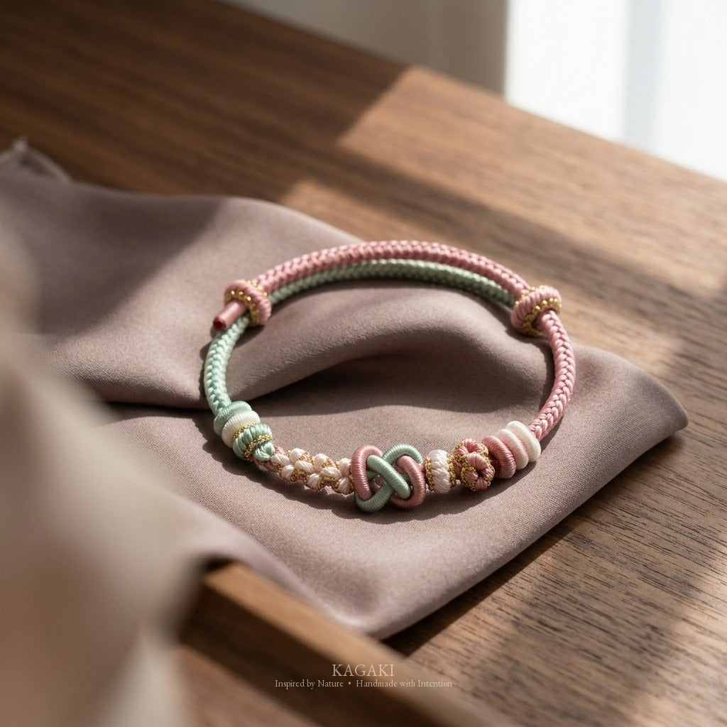 KAGAKI handmade Tibetan-inspired calming protection cord bracelet — Breath – 息 — Spring Breath — styled-scene-supplemental (8/17)
