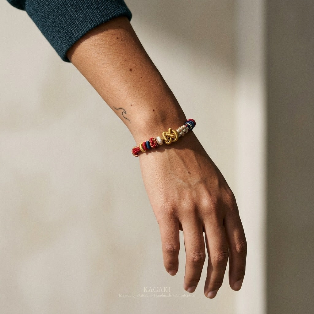 KAGAKI handmade Tibetan-inspired calming protection cord bracelet — Breath – 息 — Dawn Breath — on-wrist-luxury-supplemental (15/17)