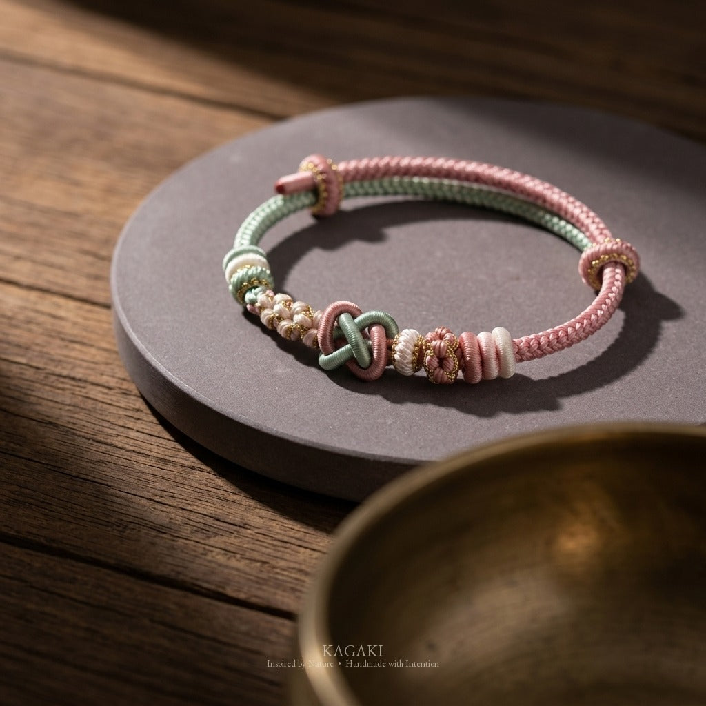 KAGAKI handmade Tibetan-inspired calming protection cord bracelet — Breath – 息 — — — styled-scene (1/17)