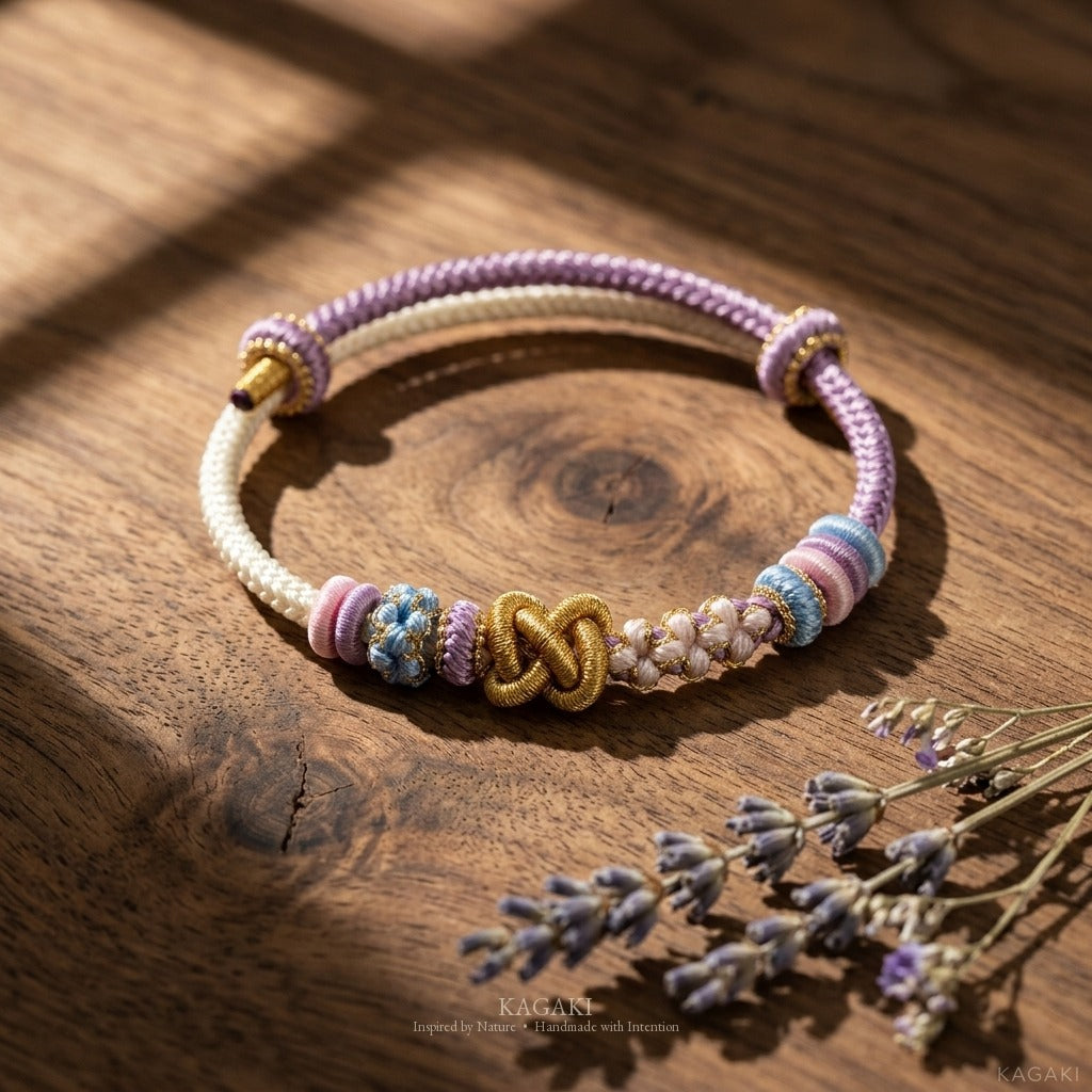 KAGAKI handmade Tibetan-inspired calming protection cord bracelet — Breath – 息 — — — styled-scene (2/17)