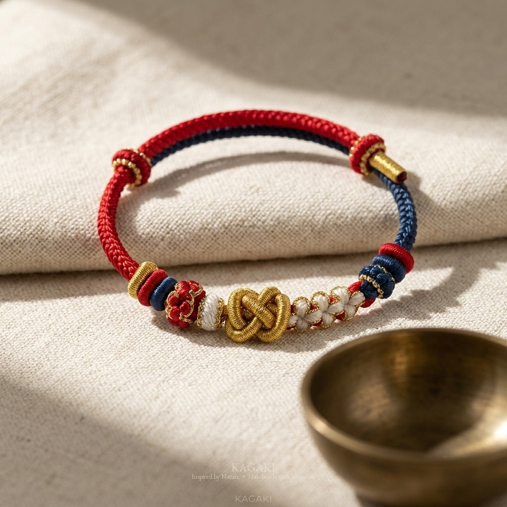 KAGAKI handmade Tibetan-inspired calming protection cord bracelet — Breath – 息 — — — styled-scene (3/17)