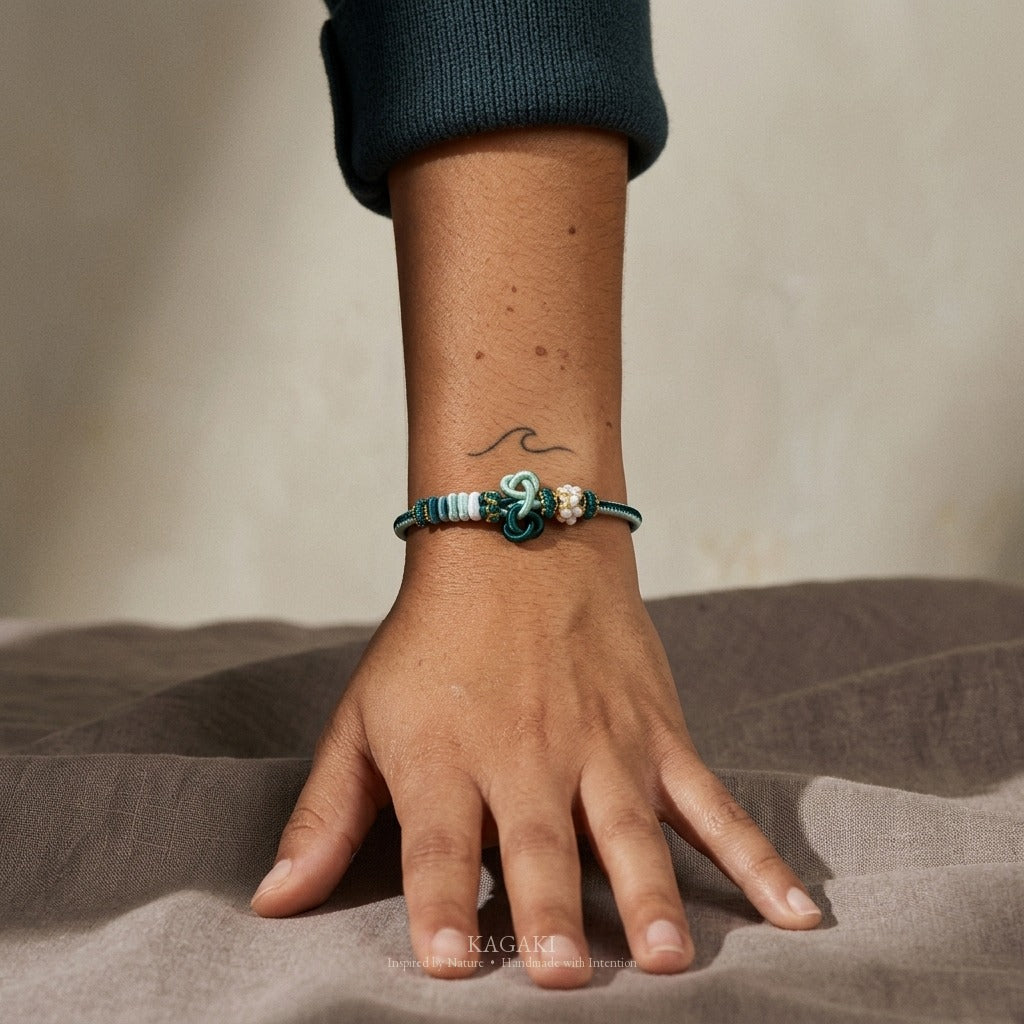 KAGAKI handmade Tibetan-inspired soft double knot cord bracelet — Hush – 静 — Moss Hush — on-wrist-luxury-supplemental (15/17)
